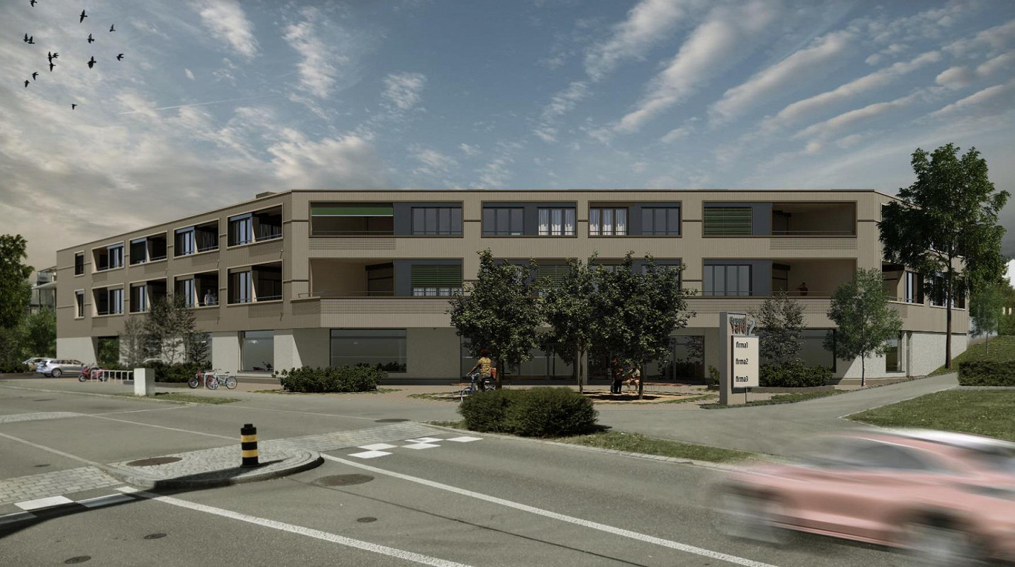 4 story building, glass windows, entrance with bike racks, cars parked outside, trees and bushes in front, cars driving on road, zebra crossing