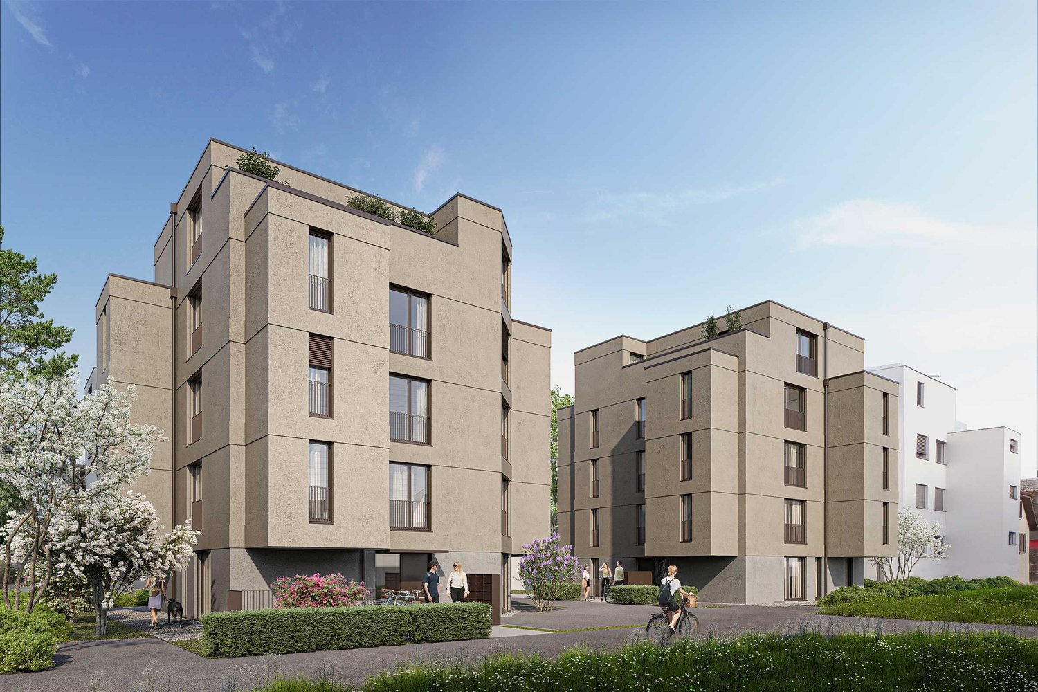 modern apartment building with balconies, garden, pathway, trees, shrubs, and people