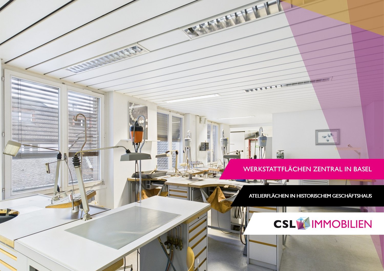 modern office space with white walls, large windows, modern desks, lamps, ceiling-mounted lights