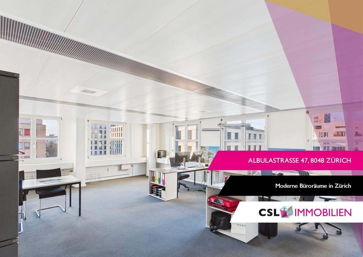 Open floor plan, desks, chairs, monitors, bookshelves, cabinets, radiators, carpeted floor, windows