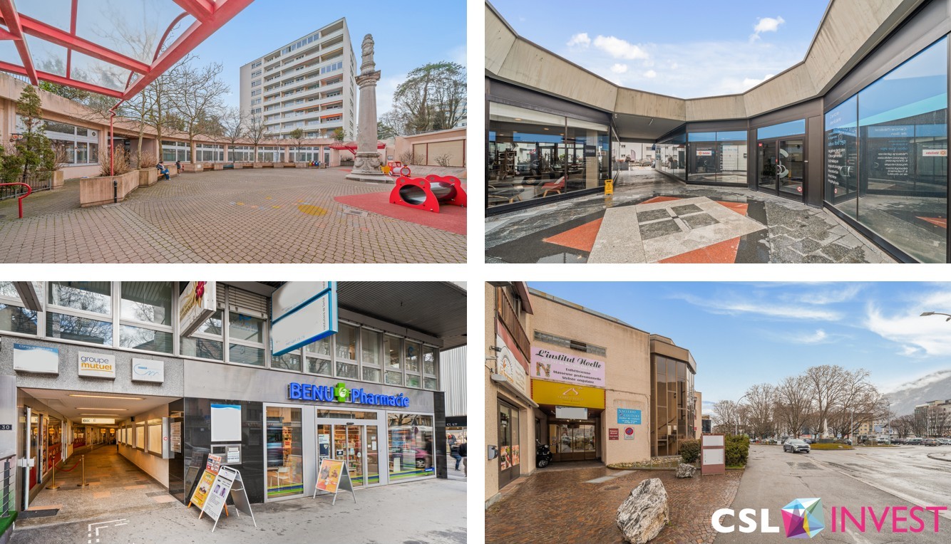 A collage of four images of a building complex with various features. The first image shows a large open area with a red structure and a tall building in the background. The second image displays a building with glass walls and doors. The third image feat