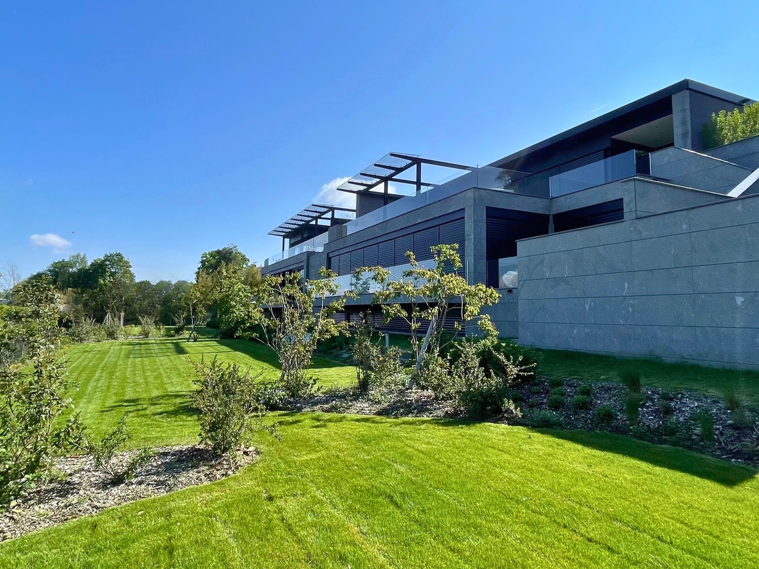 modern architecture, large grassy lawn, shrubs, balcony, glass panels, raised ground floor