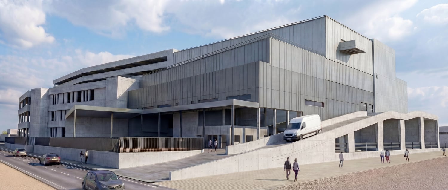 modern building, gray color, raised ground floor, large windows, concrete and metal details, ramp for vehicles