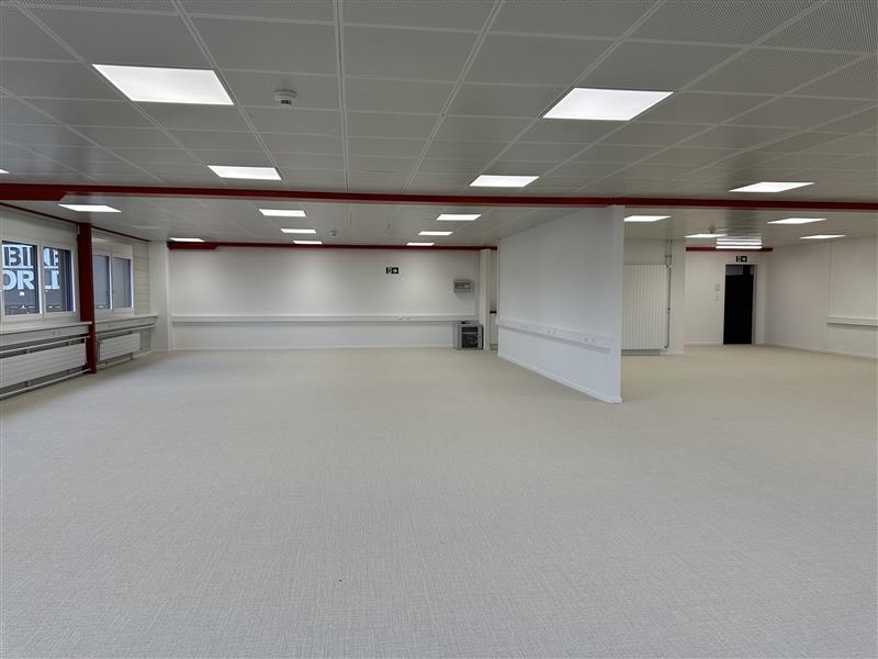 Empty room with white carpet, white walls, red strip on ceiling, windows on the left side.