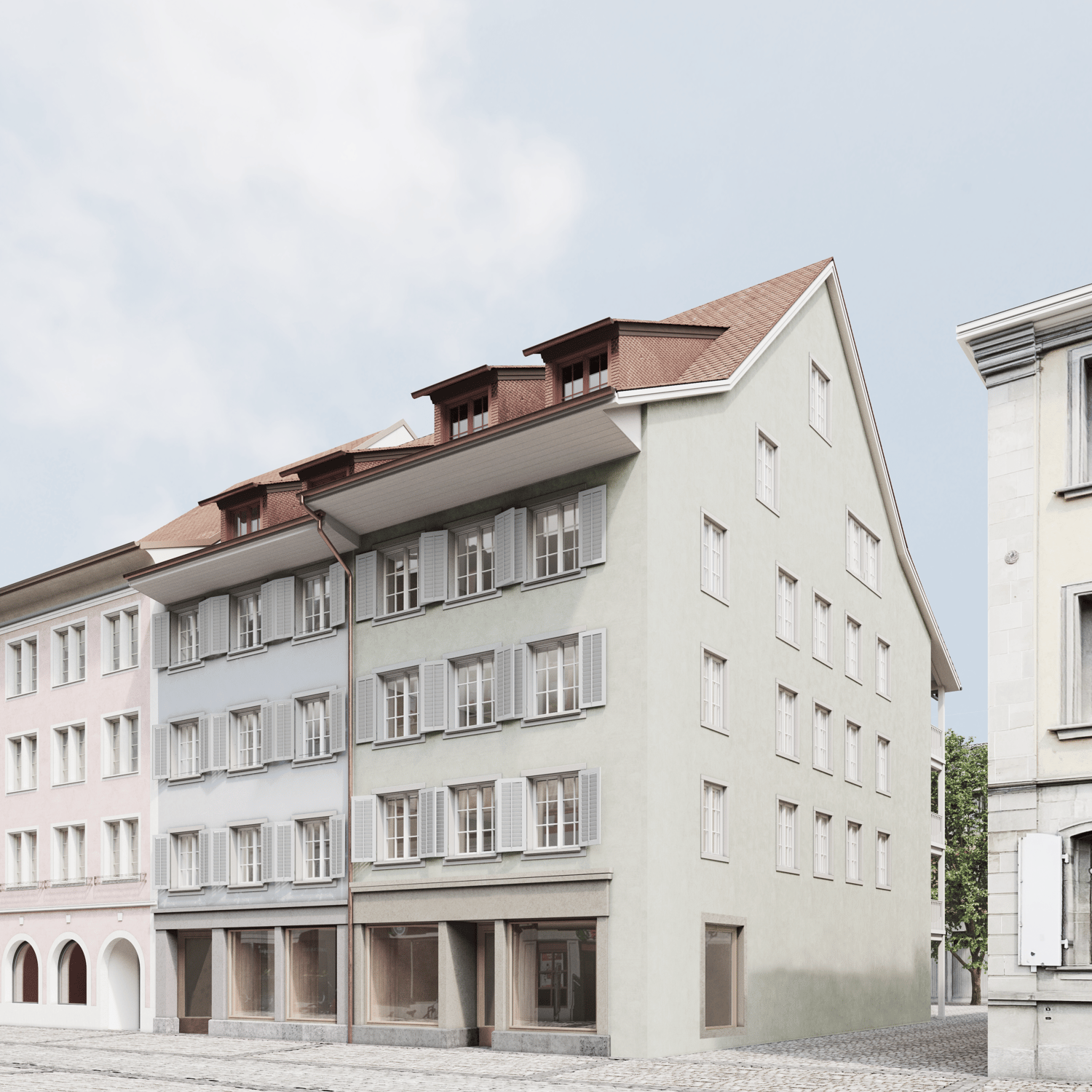 4 story house, brown roof, white wall, glass windows, raised ground floor