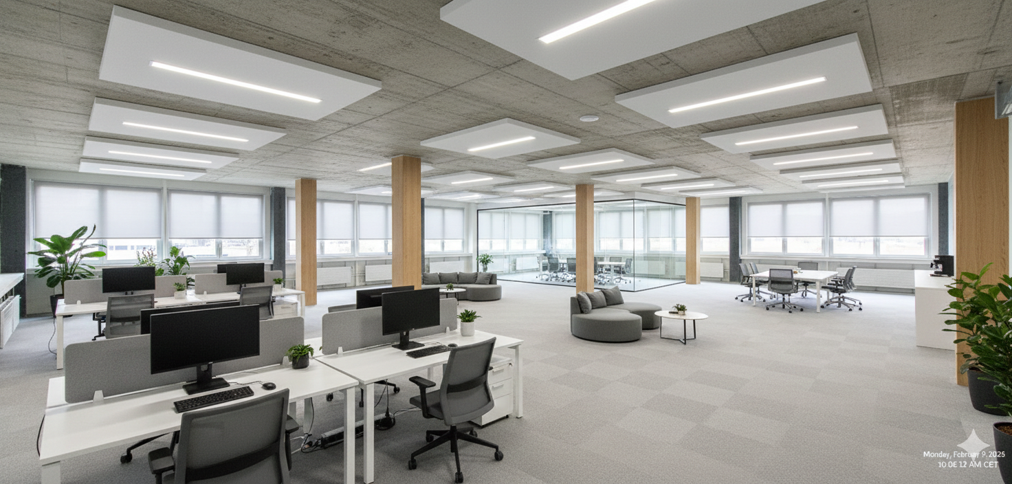 An office room with desks, monitors, chairs, couch, coffee table, and potted plants.