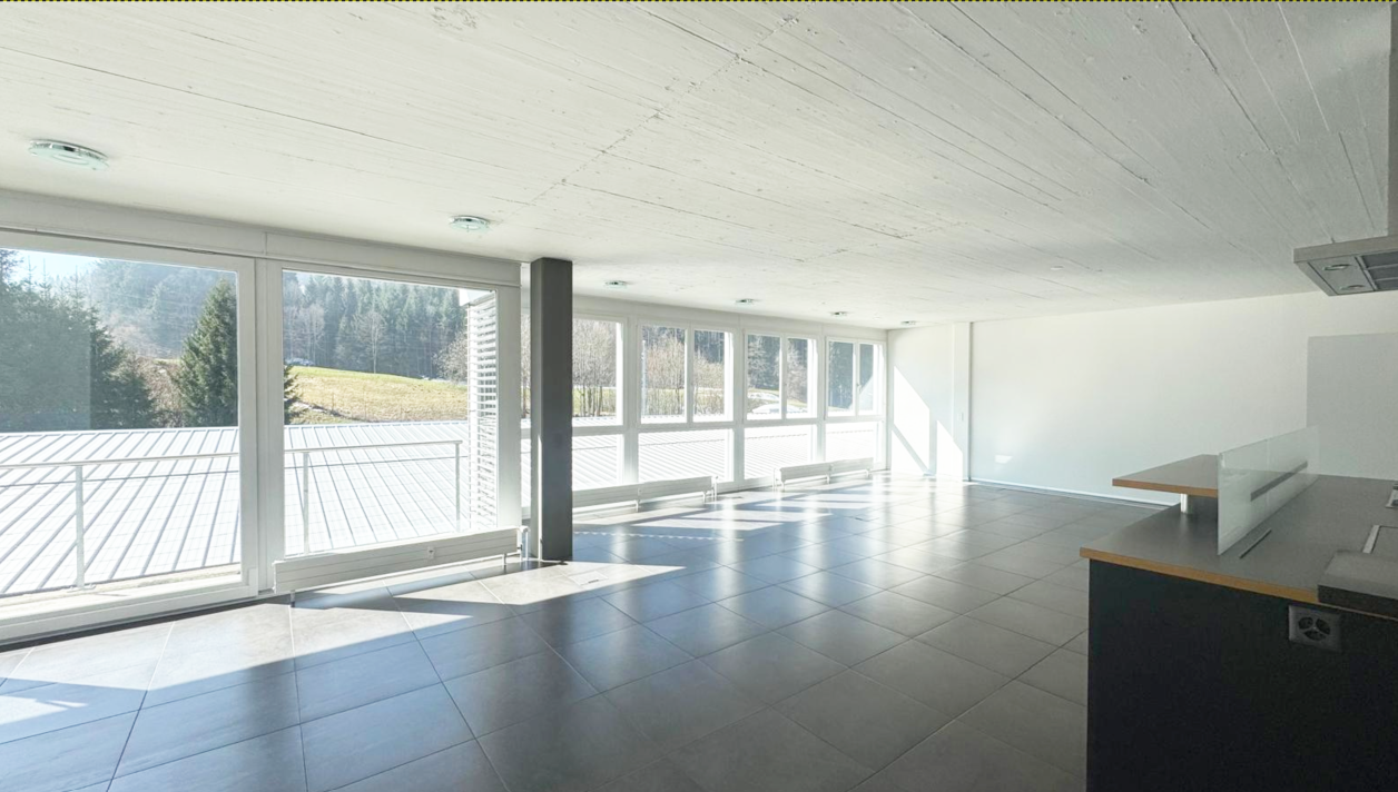 large windows, balcony, tiled floor, white walls, modern design
