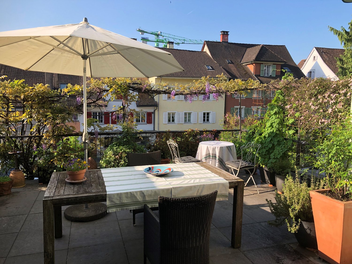 Balcony area with a table, chairs, umbrella, potted plants, and a view of the city
