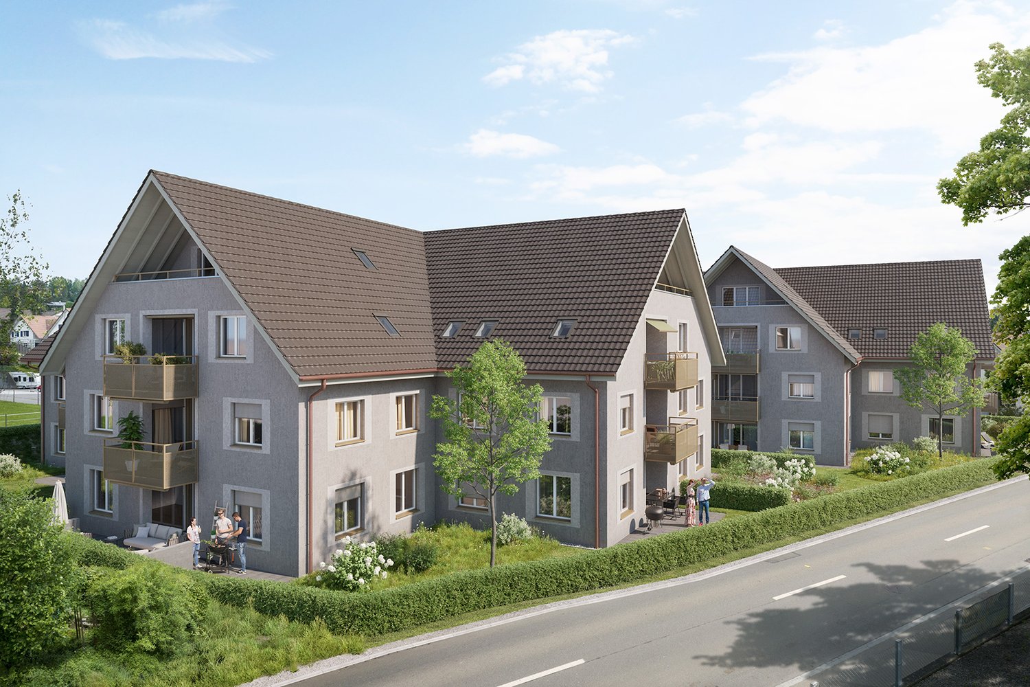 Multistory building, brown roof, balconies, large windows, people grilling in front