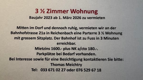 1 1/2 Parterre Wohnung in 1711 Reichenbach zu vermieten 5