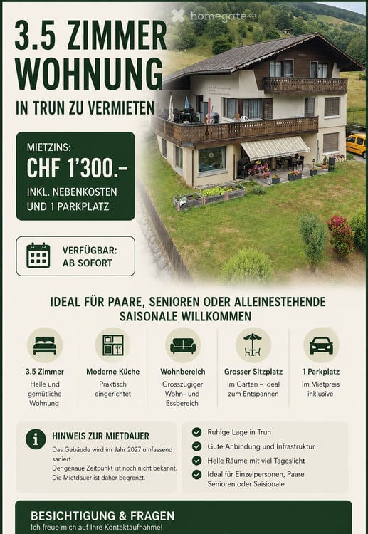 3.5-Zimmer-Wohnung in Trun, CHF 1'300. inkl. NK & Parkplatz 17