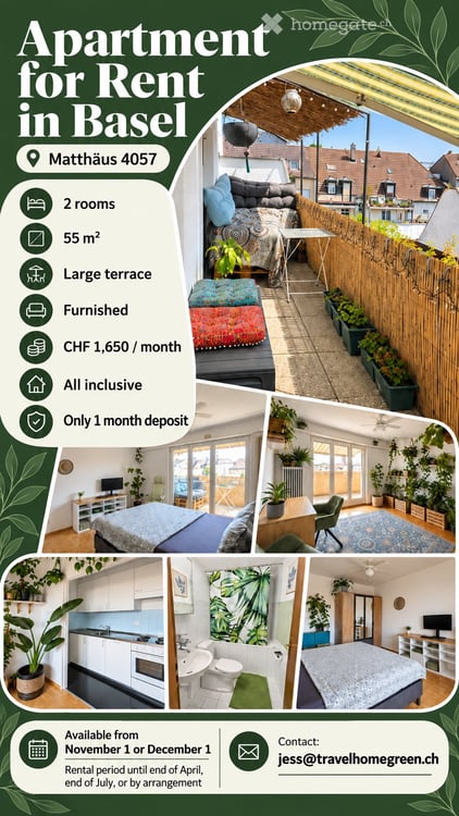 Möblierte 2-Zimmer-Wohnung mit grosser Terrasse Basel 4057 1