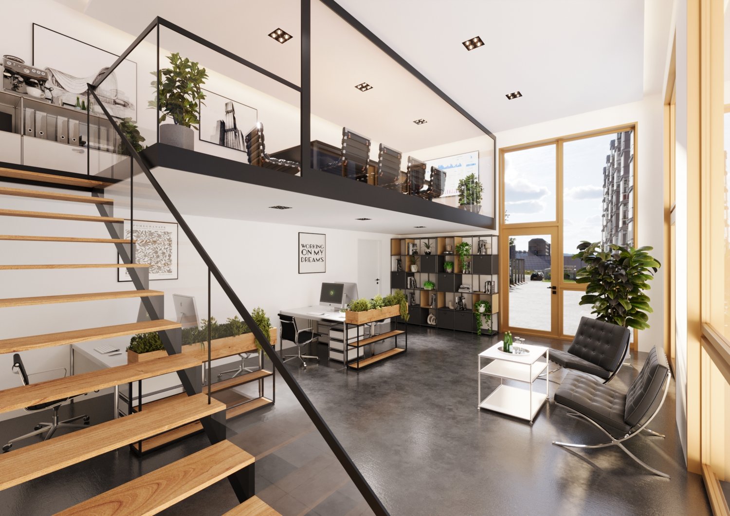 Open concept office space with concrete floors, black metal shelving units, wooden desks and chairs, potted plants, and large windows providing natural light and a view of the city skyline.