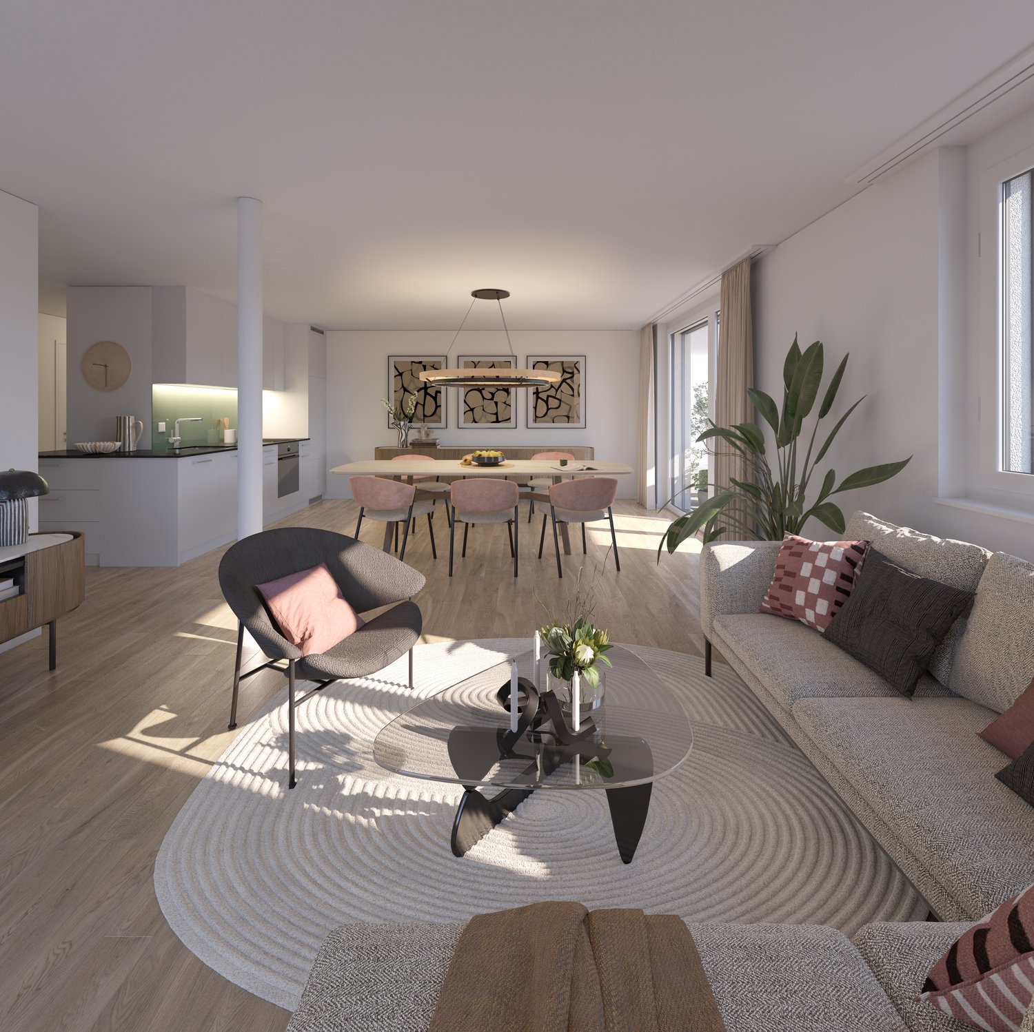 open plan living room and dining room, 3 bedrooms, kitchen, balcony, windows, modern interior design