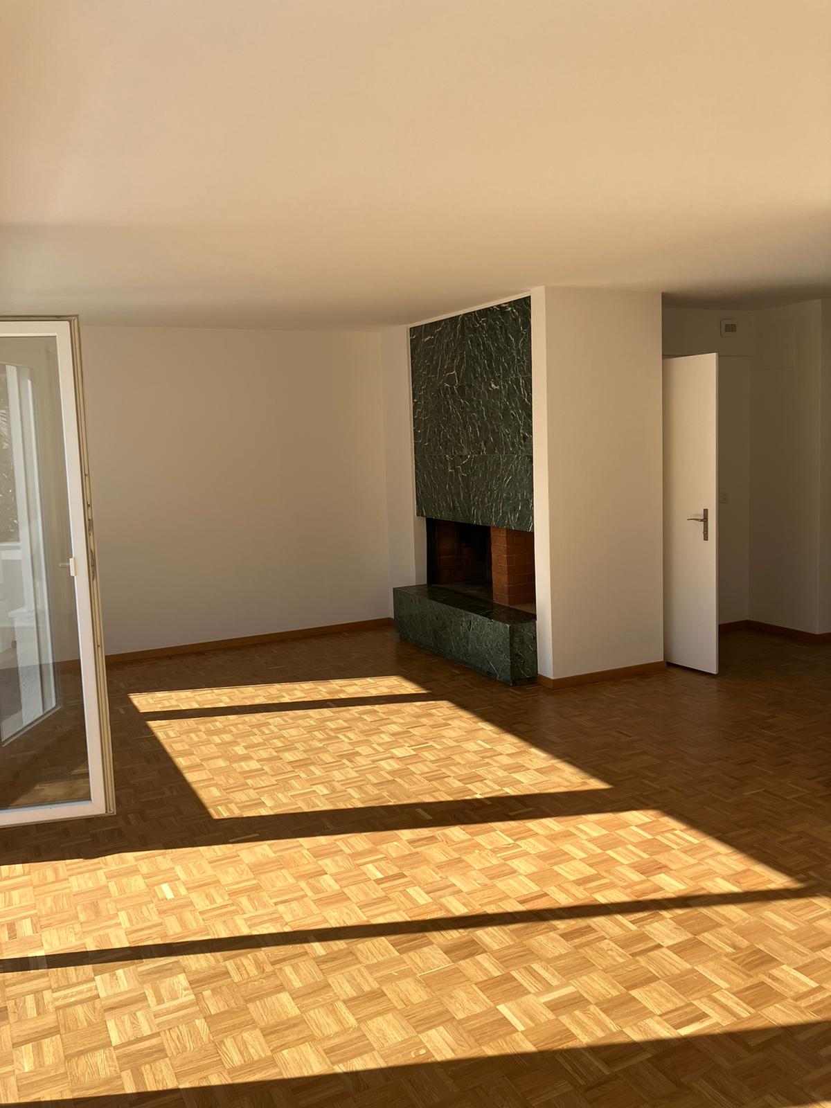 empty room, wooden floor, fireplace, sliding door, doorway