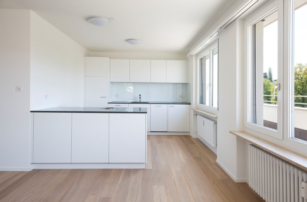 modern kitchen, white cabinets, black granite countertops, island, built-in appliances, wooden floors, large windows with balcony access