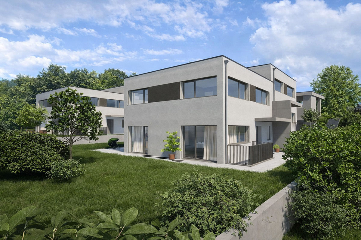 modern apartment building, 2 levels, large glass windows, concrete exterior, landscaped garden, two balconies, potted plants
