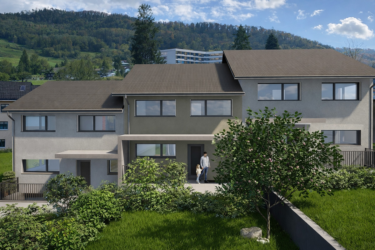 A contemporary two-story house with a brown roof, large windows, a small balcony, a spacious garden with a grassy lawn, surrounded by green foliage and a mountain range in the background.