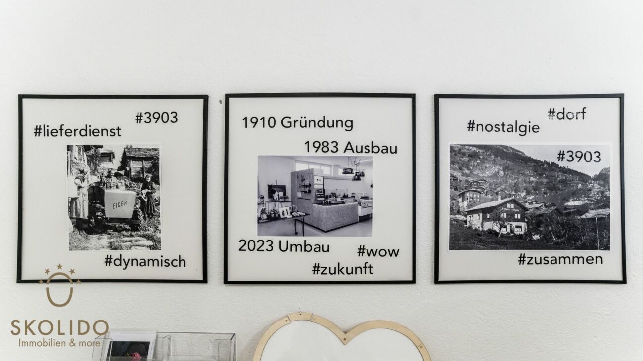 Einkaufsladen, grosses Restaurant mit Terrasse, Wohnung auf 2 Etagen, Garagen und Bauland im Herzen von Mund