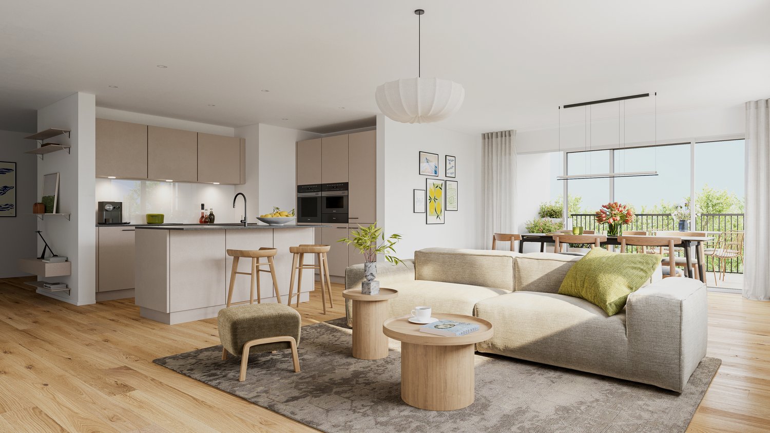 The image shows an open-concept living space with a kitchen, dining area, and living room. The kitchen features beige cabinets and built-in appliances. The dining area has a wooden table and chairs, while the living room has a gray sofa and wooden coffee