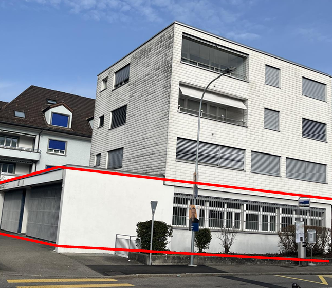 multi-story building, white walls, glass windows, streetlight, garage