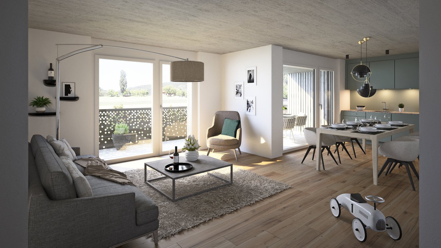 Open layout, living room, dining room, kitchen, sliding doors leading to balcony, hardwood floors, modern decor