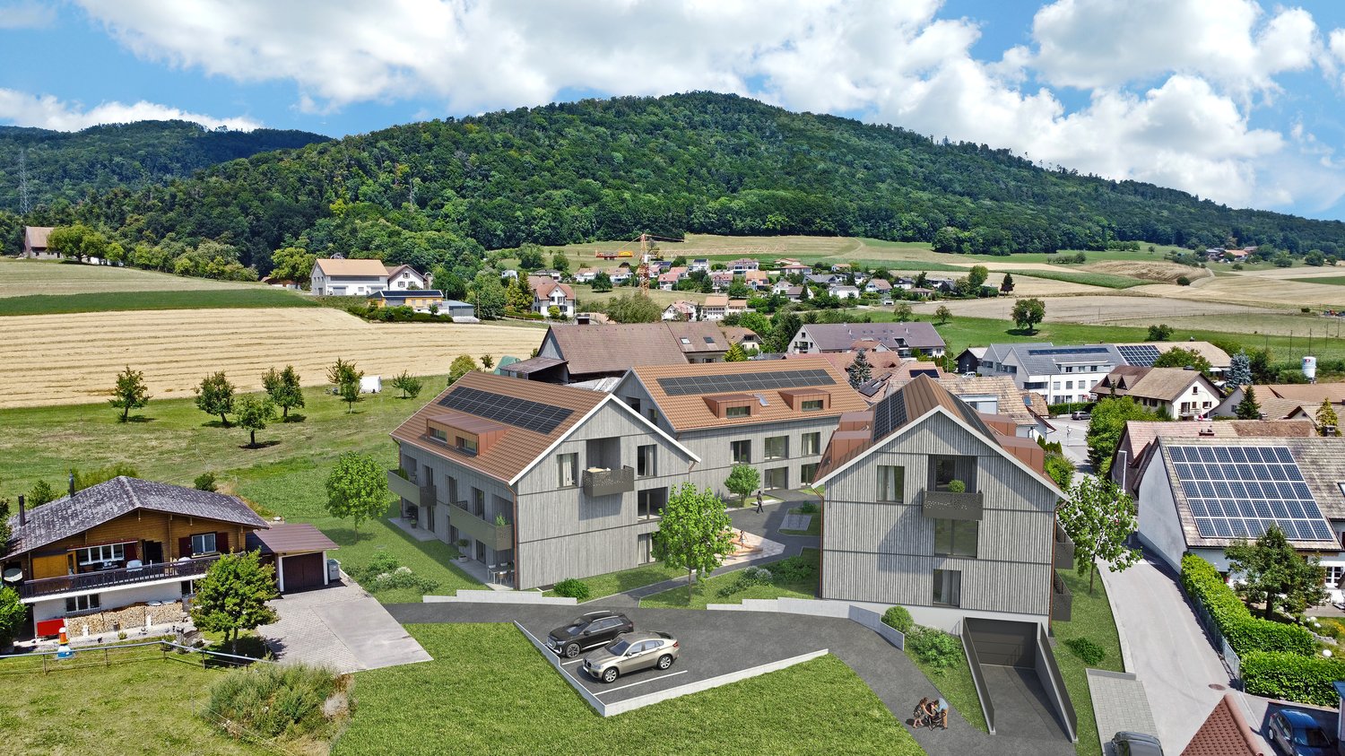 Multiple houses, residential neighborhood, multiple solar panels on rooftops, cars parked in the driveway, driveways, pathways, multiple open grassy areas