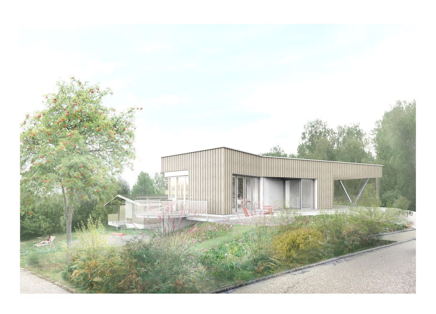 Contemporary detached house with a raised ground floor, grey walls, brown roof, covered balcony, garden, patio, and a tree.