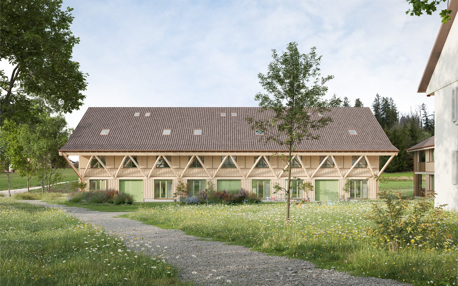 Modern house, brown roof, wooden structure, green doors, surrounded by grass and trees