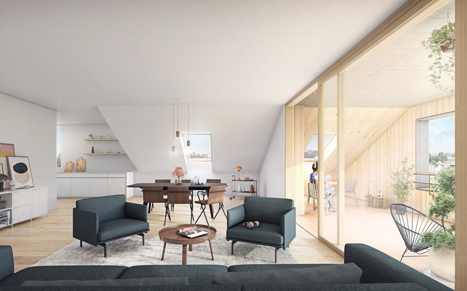 Spacious open-plan living area with large windows, wooden floors, modern furniture including a dining table, chairs, and sofas, shelving units, and decorative accents. The room has access to a balcony or terrace with a scenic view.