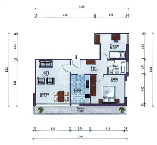 moderne und zentral gelegene 3-Zimmer-Wohnung mit Balkon und Lift im Haus 7
