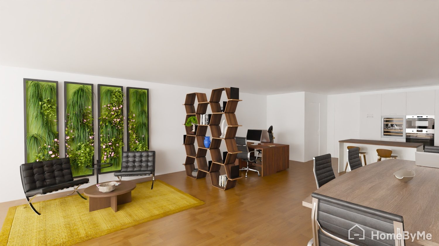 wooden floor, white walls, black leather chairs, yellow rug, table, office desk with computer, open shelving unit, kitchen with oven