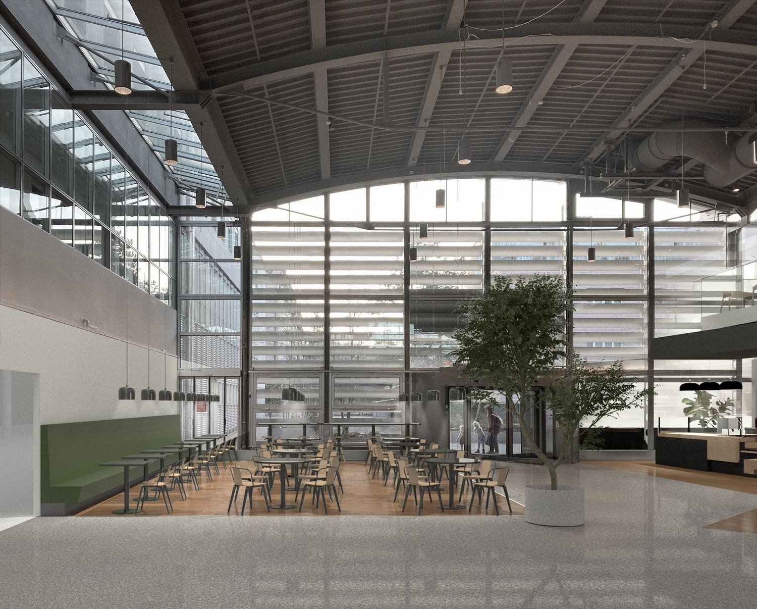 modern building, large windows, open space, tables and chairs, green wall, tree, gray floor
