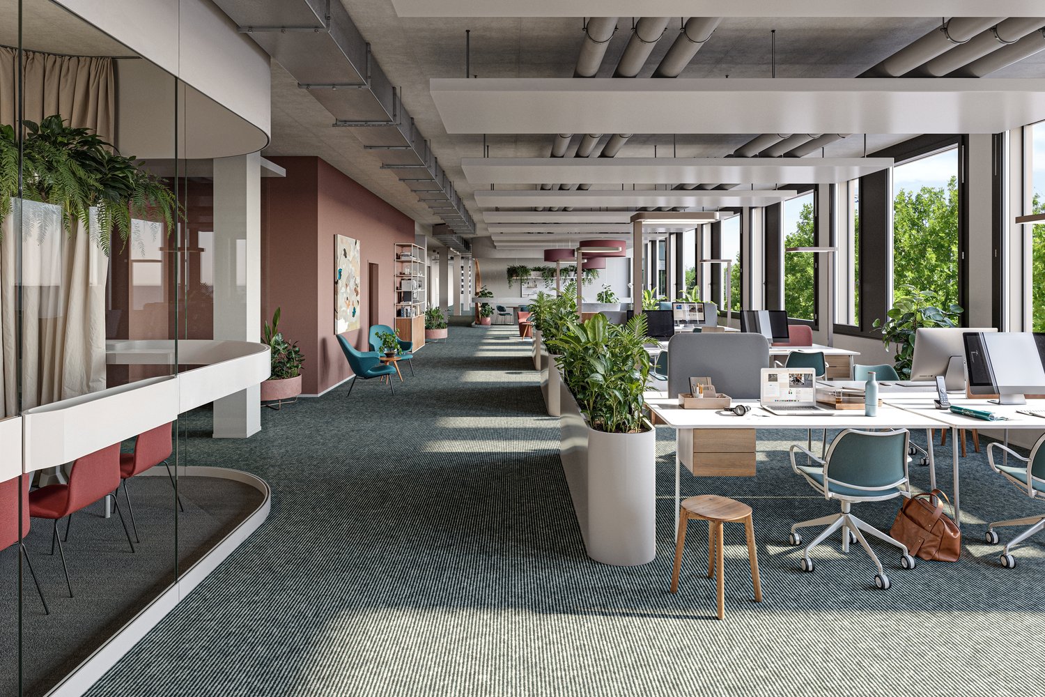 Open floor plan with desks, modern office furniture, glass walls, natural light, large windows, greenery, wooden stools, red and white chairs