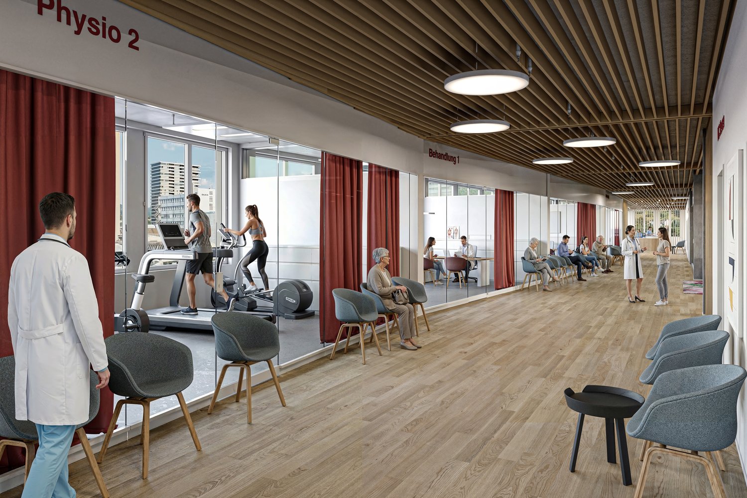 A gym with treadmills, weight machines, and people exercising or sitting on chairs.