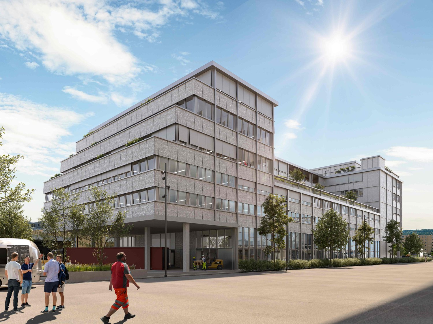 An artist's impression of a modern, multi-story building with raised ground floor, surrounded by trees and parked vehicles.