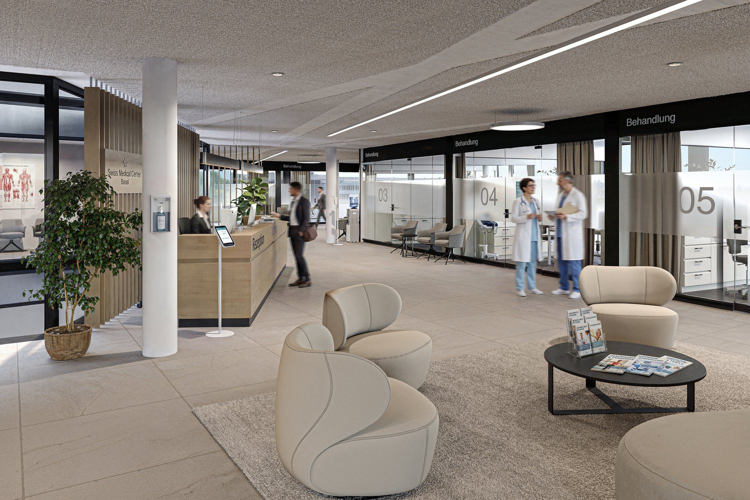Reception area, waiting area, consultation rooms, glass walls, modern furniture, potted plants, carpeted floor