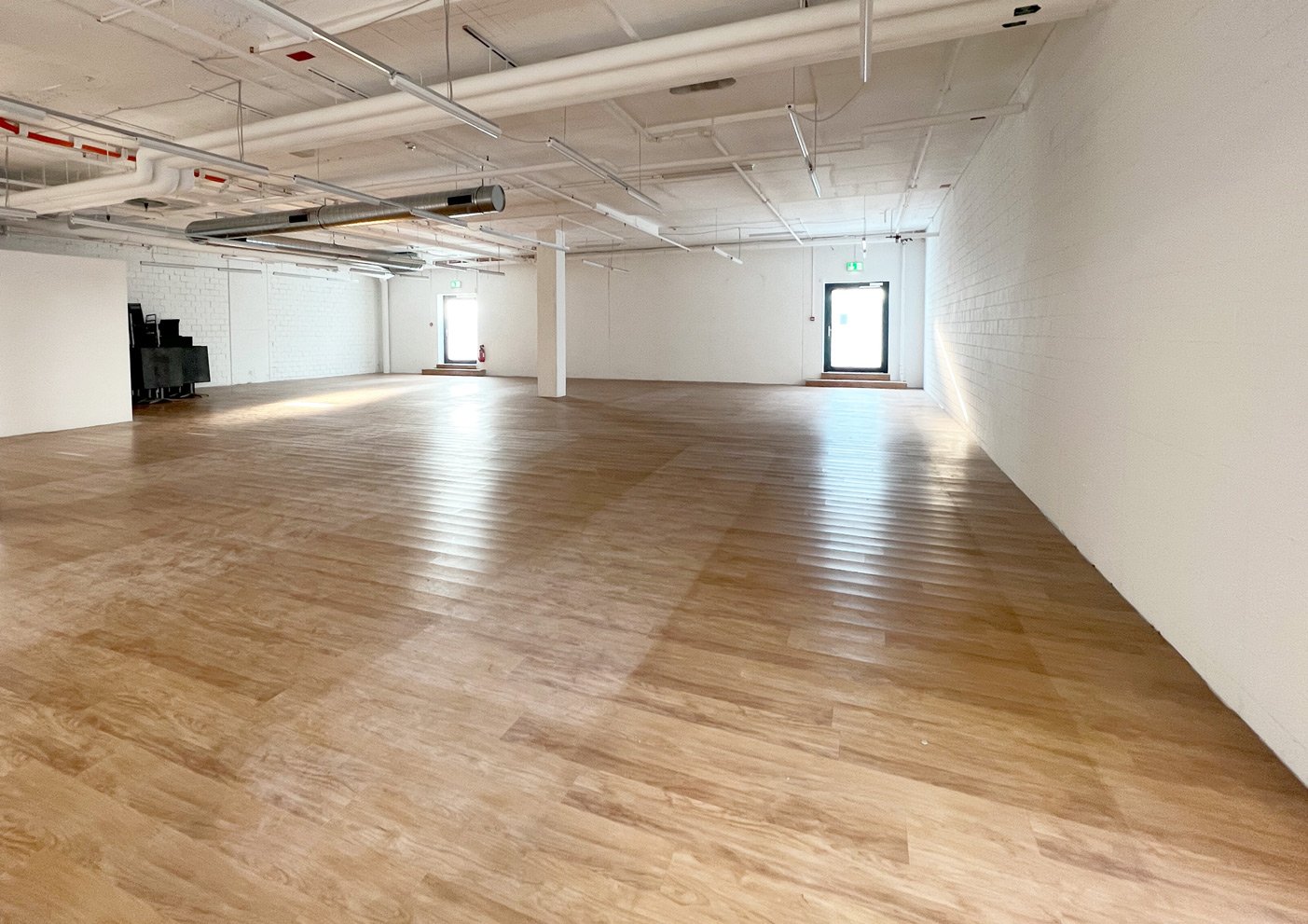 Empty room, wooden floor, bright sunlight, white walls, two glass doors, utility area