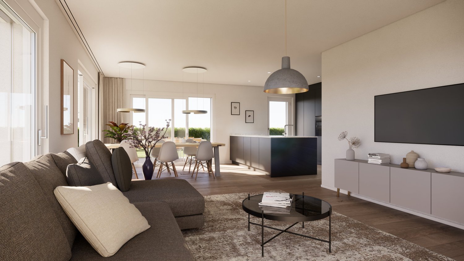 modern living room with sofa, coffee table, dining table, kitchen island, large windows, artwork, and mounted TV