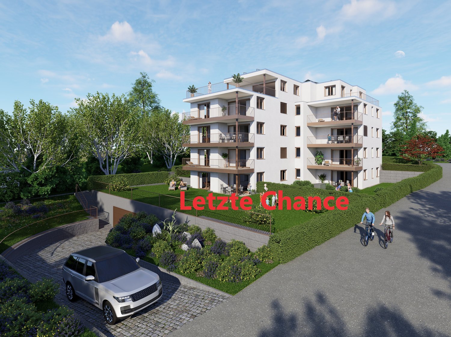 4 story white apartment building, terraces on upper floors, front car parking, side entrance