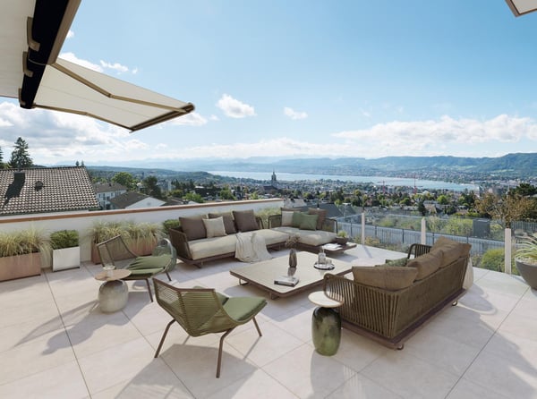 Geniessen Sie ein exklusives Wohnambiente mit einem Weitblick, der von der Stadt Zürich über den Zürichsee bis in die Ferne reicht!