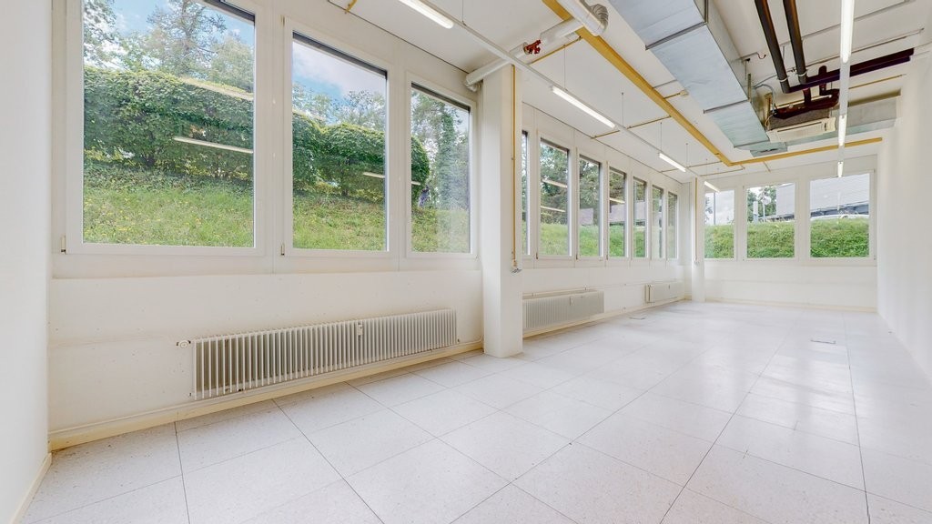 empty room, large windows, white walls, white tiles, large windows outside view