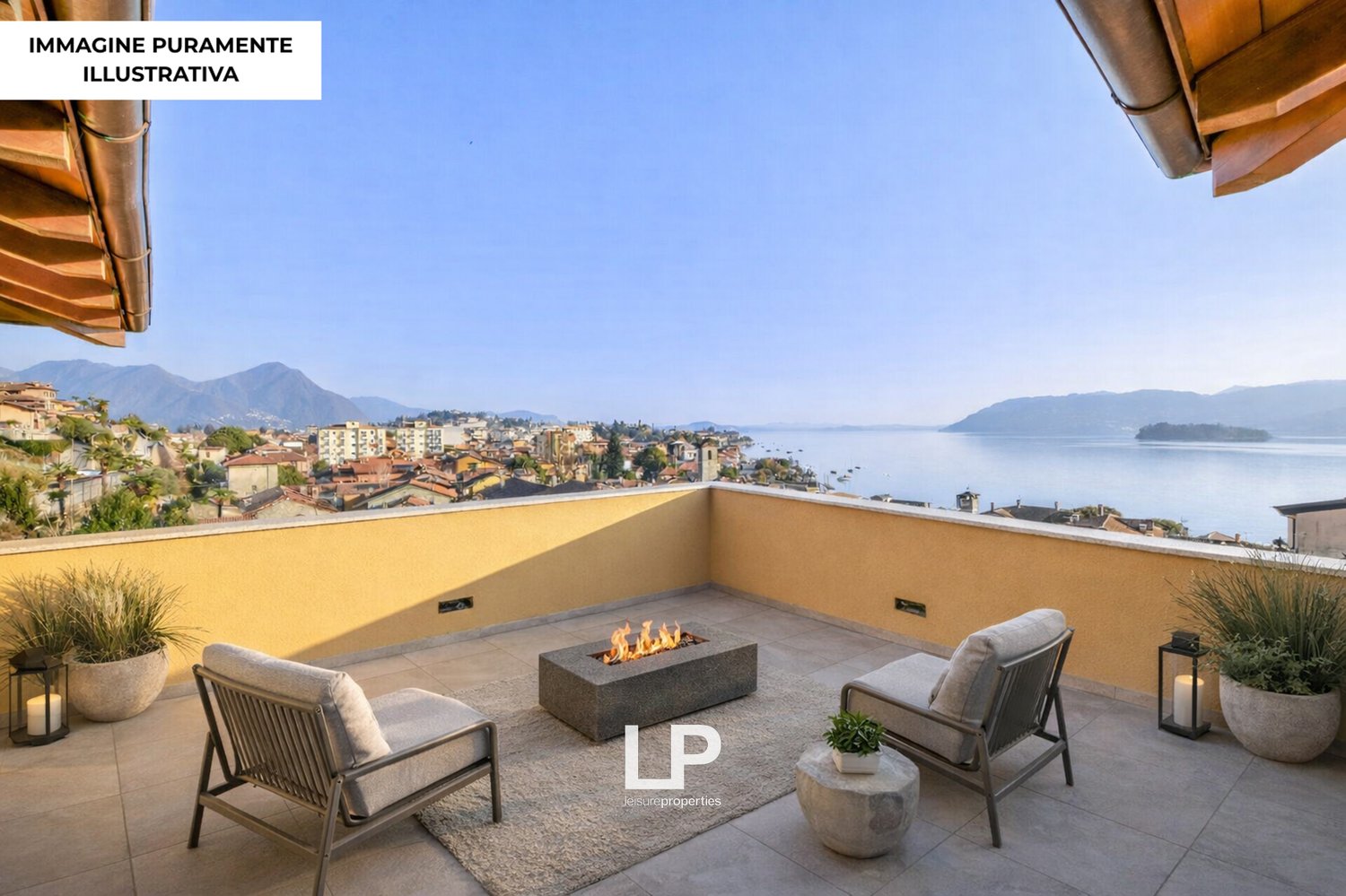 Balcony with chairs, fire pit, potted plants, lamps, rug, view of the city and sea