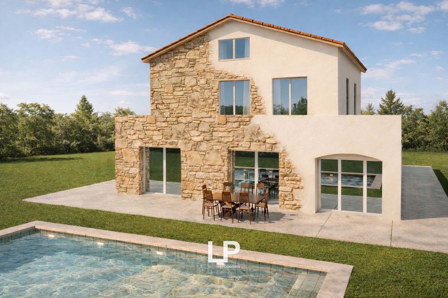 Modern house with stone facade, large windows, swimming pool, outdoor dining area, spacious lawn