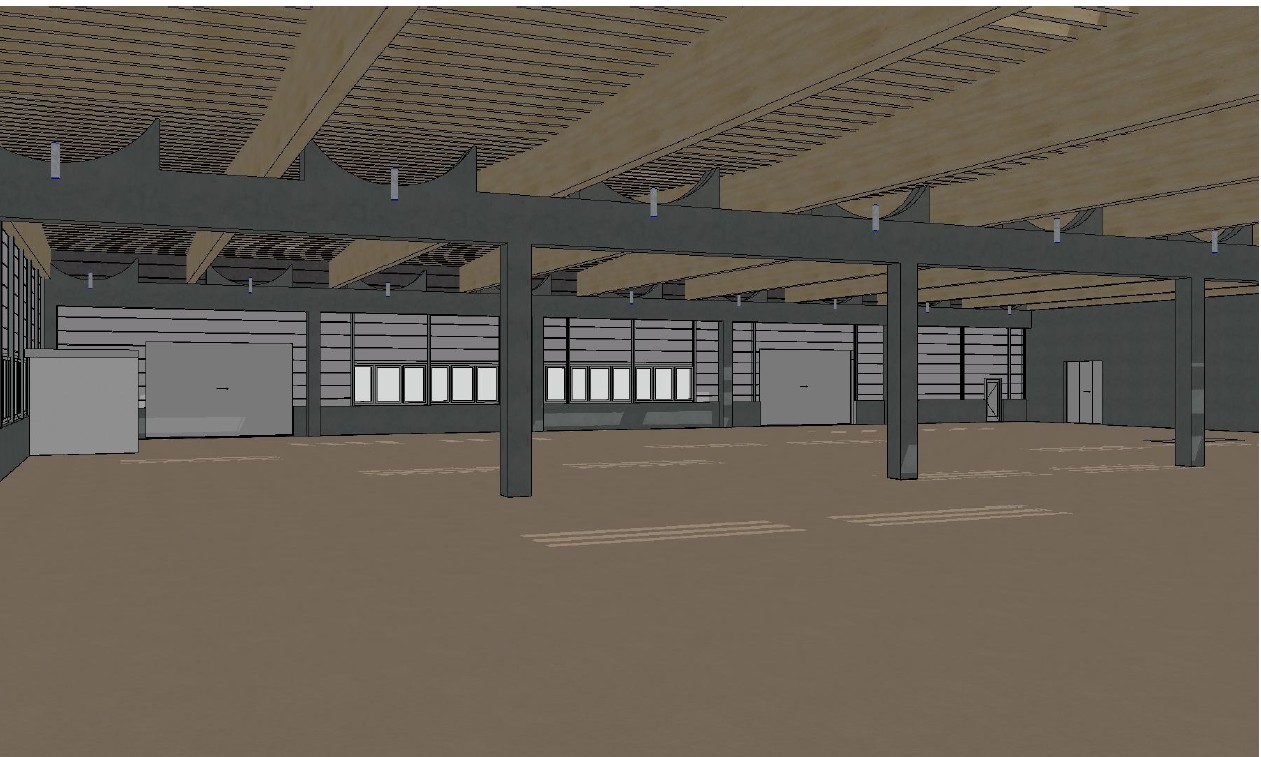 Spacious room with high ceilings, large windows, and metal structural supports