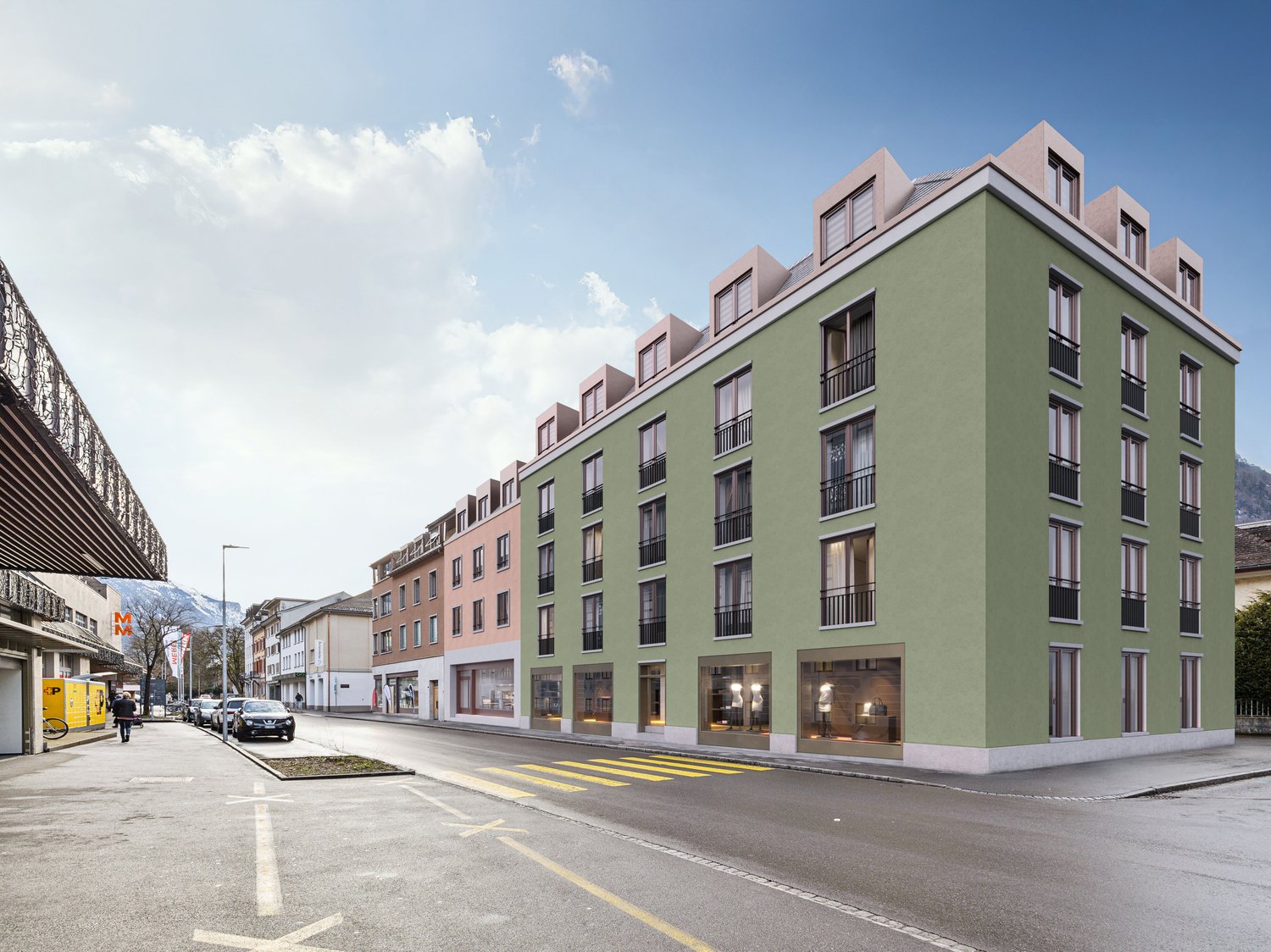 modern 5-storey building, windows, balconies, shops at the bottom floor, entrance with stairs