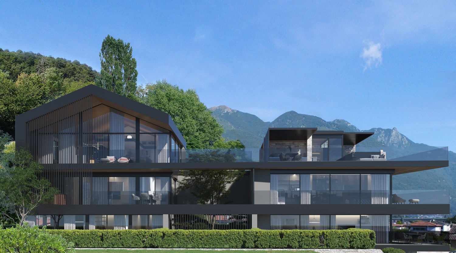 Modern architectural design, glass facades, balconies, outdoor seating areas, mountain view, spacious living areas