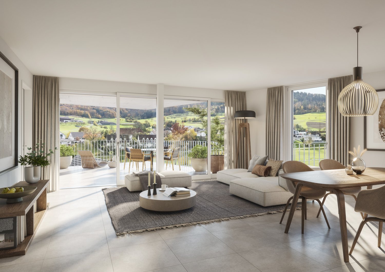 open plan living room, dining area, couch, coffee table, balcony, dining table, chairs, rug, lamps, plants, artwork