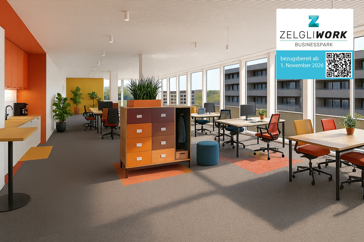 Contemporary office interior with large desks, office chairs, a large filing cabinet, potted plants, a wooden stool, and a central pillar.