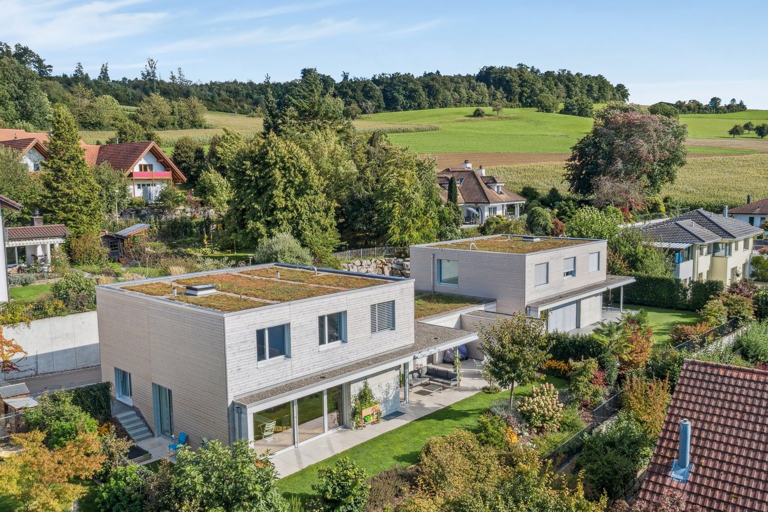 2 story houses, green roofs, modern architecture, surrounded by trees, large windows, outdoor seating, garden
